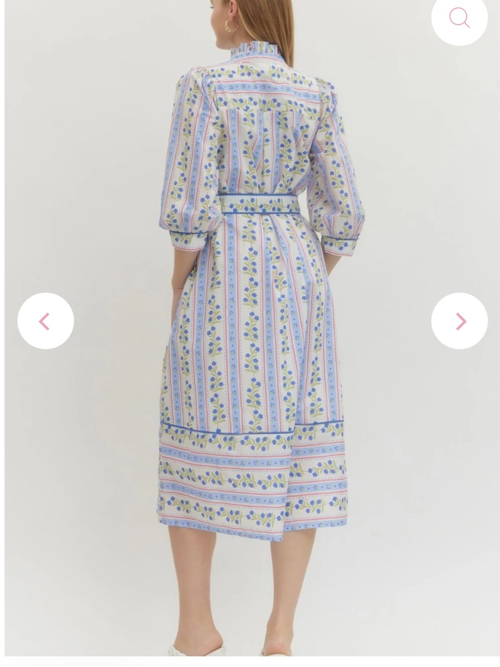 New Boho Cottagecore Blue Floral & Stripe Midi Shirt Dress with Bow tie waist - Picture 3 of 7